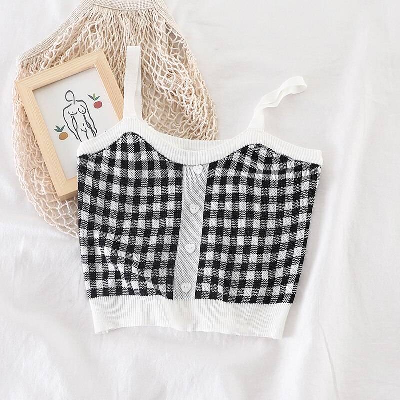 Knitted Plaid Crop Top - Kawaii Stop - Buttons, Camis, Camis &amp; Tops, Crop Tops, Cute, Knitting, Ladies, Plaid, Polyester, Sleeveless, Solid, Tank Tops, Top, Tops &amp; Tees, Women's, Women's Clothing &amp; Accessories