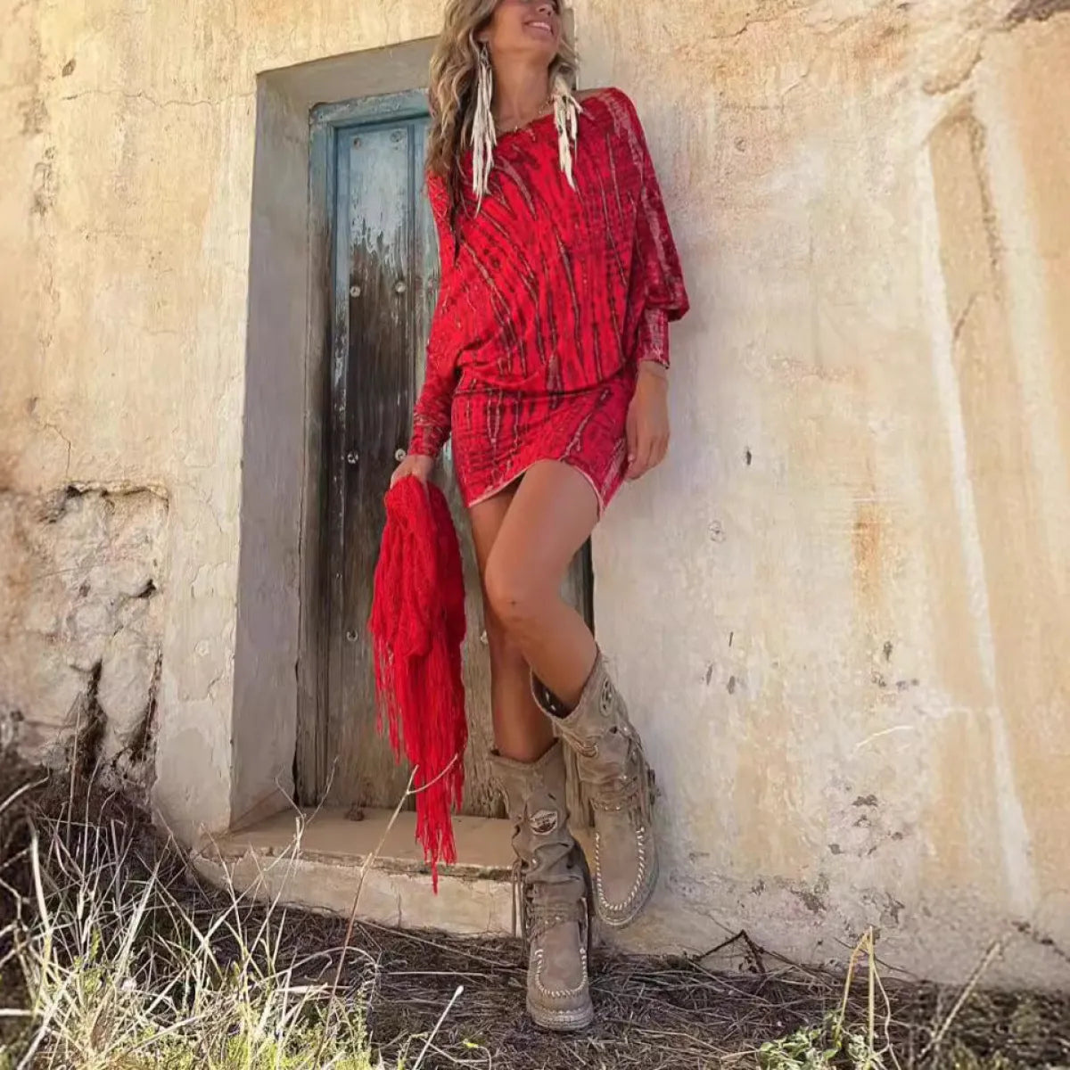 Red One-Shoulder Batwing Sleeve Bodycon Mini Dress - All Dresses - Mini Dress - 1