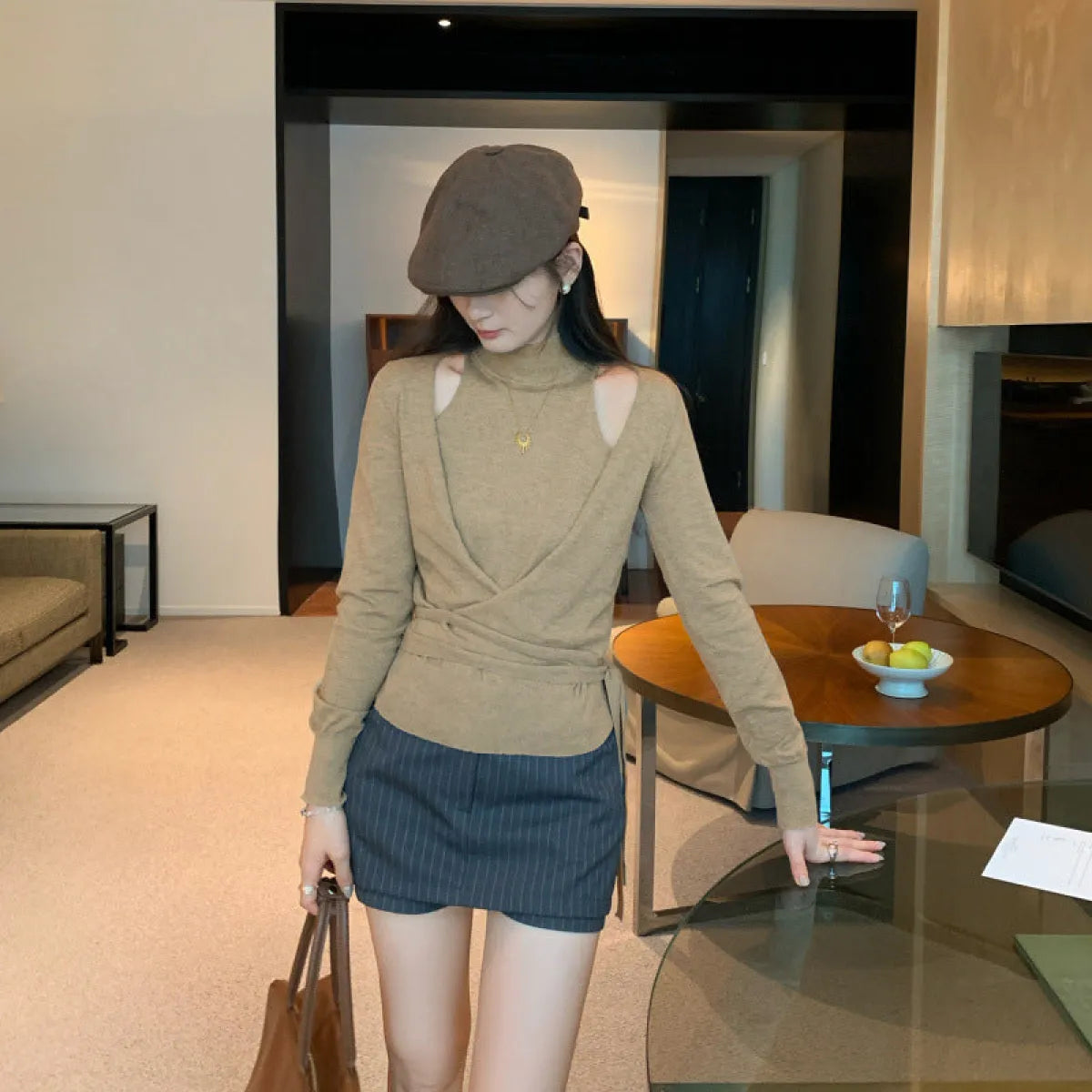 Mock Two-Piece Off-Shoulder Slim Fit Knit Top - Sweaters - Sweater / Pullover - 1