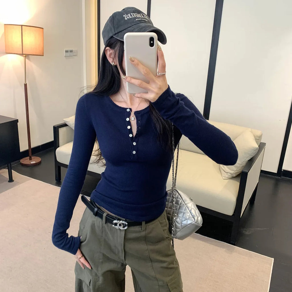 Fitted Henley Knit Top - Blouses & Shirts - Blouse - 7