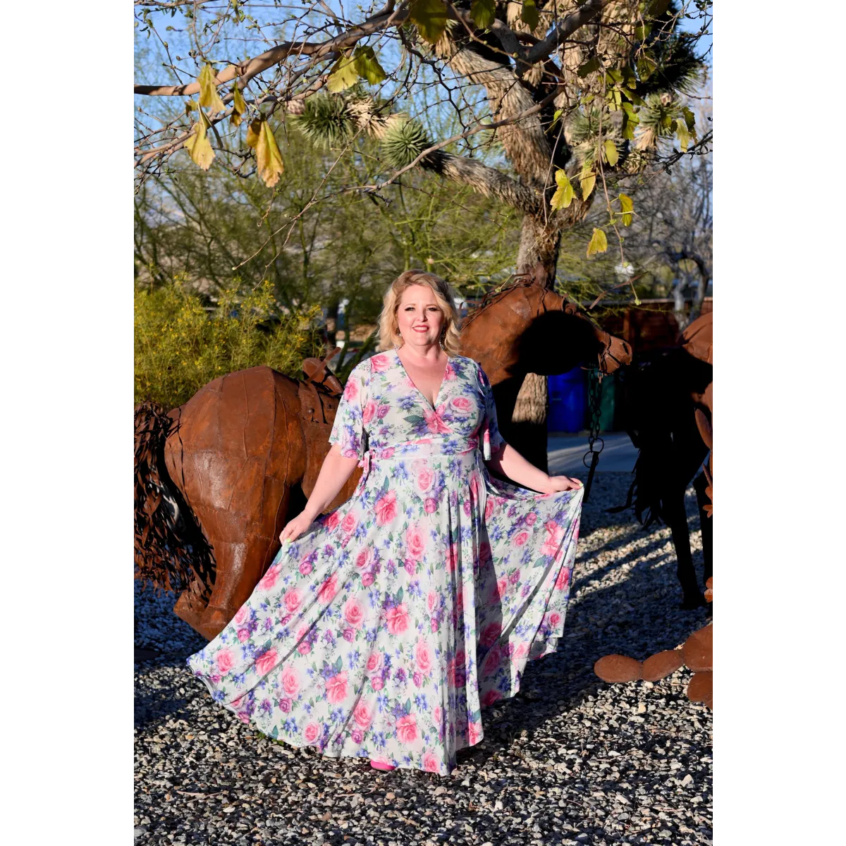 Lydia Wrap Dress - Pink Rose Bouquet Mesh - All Dresses - Maxi Dress - 5