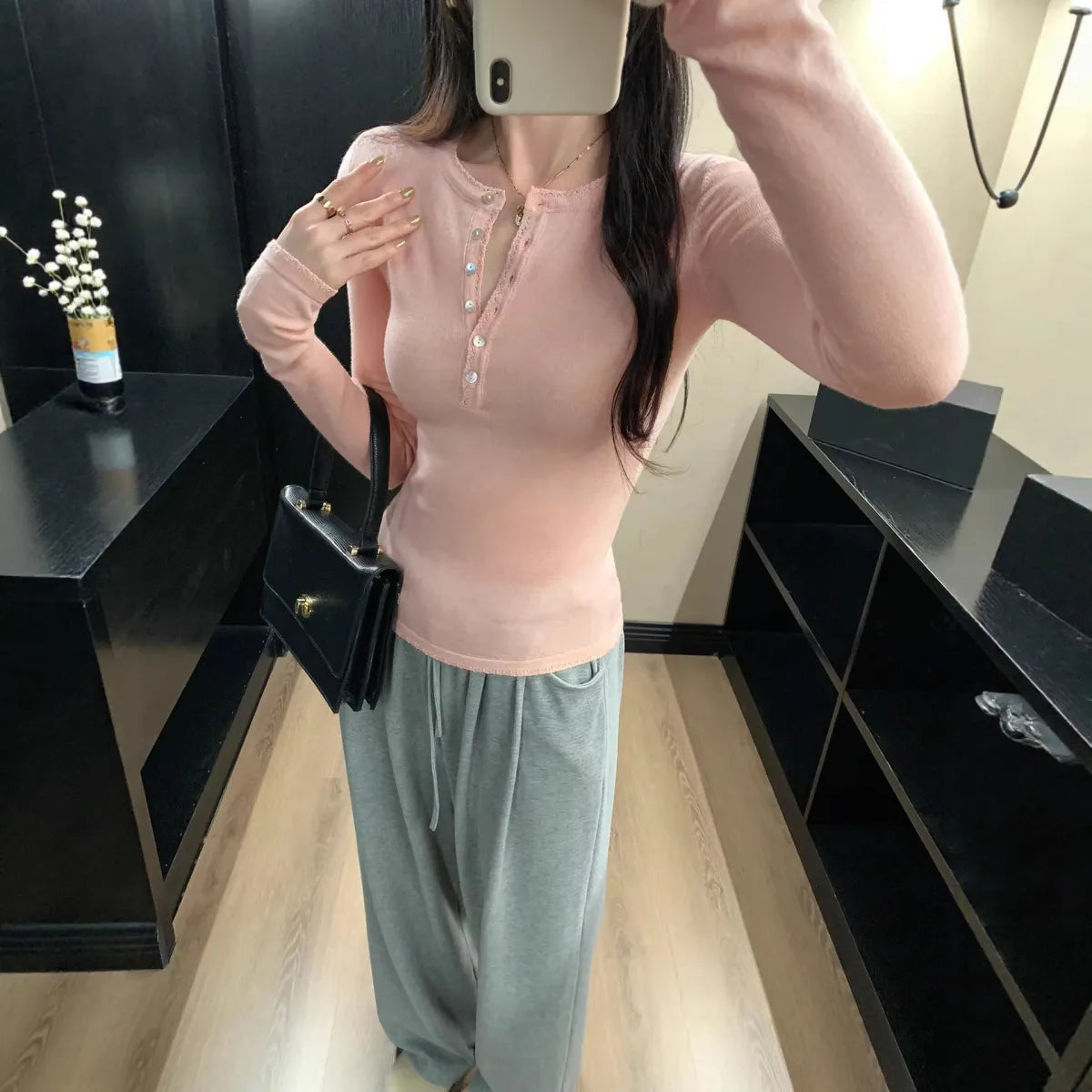 Fitted Henley Knit Top - Blouses & Shirts - Blouse - 2