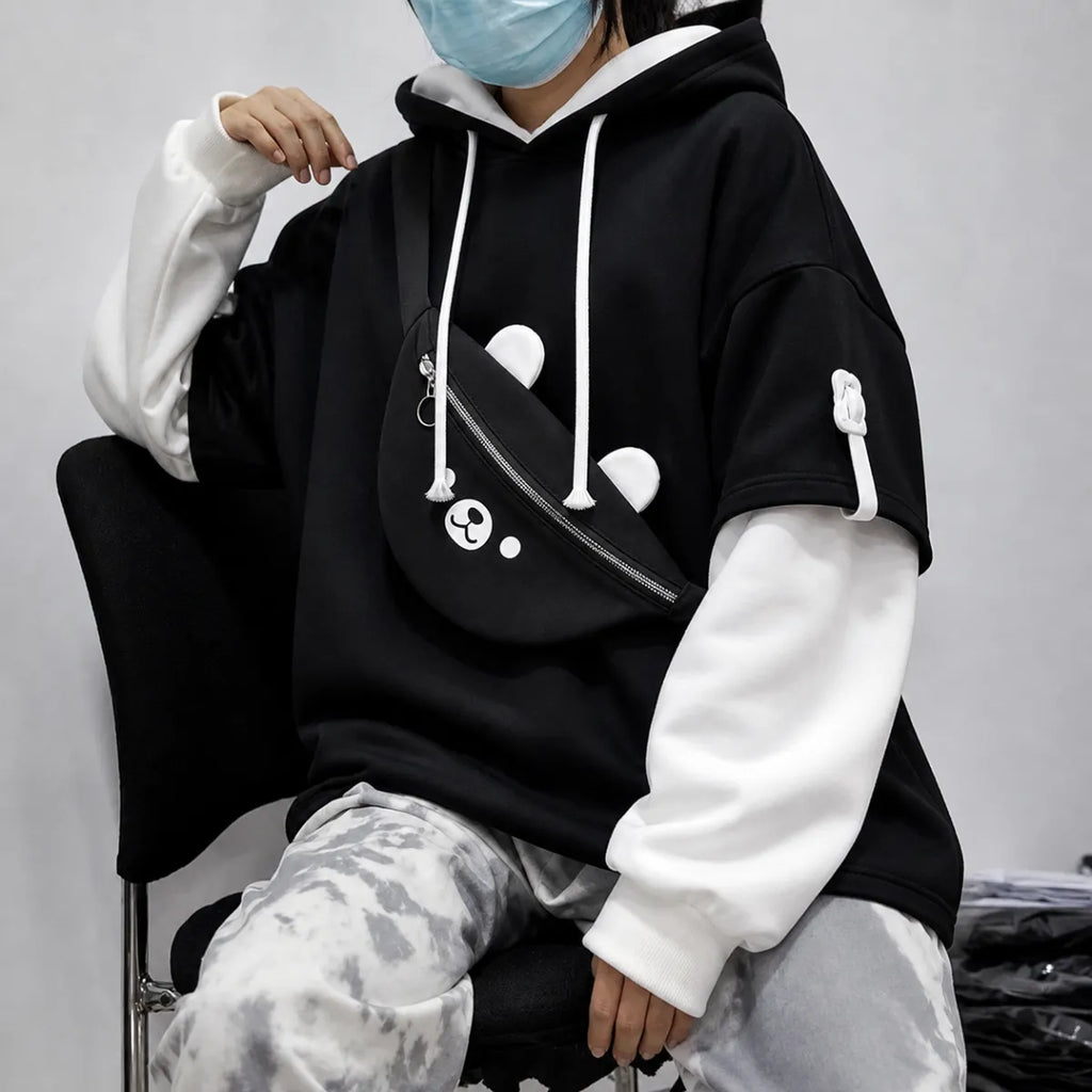 Harajuku Bear Bag Hoodie – Y2K Layered Pullover - Hoodies & Sweatshirts - Hooded - Hoodie - 2