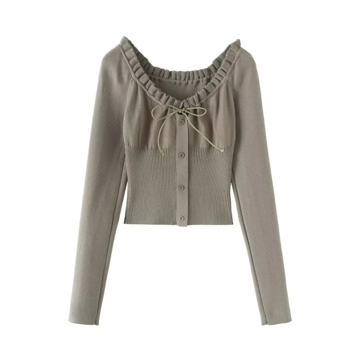 V-Neck Drawstring Waist Button Long Sleeve Top - Blouses & Shirts - Blouse - 2