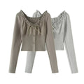 V-Neck Drawstring Waist Button Long Sleeve Top - Blouses & Shirts - Blouse - 1