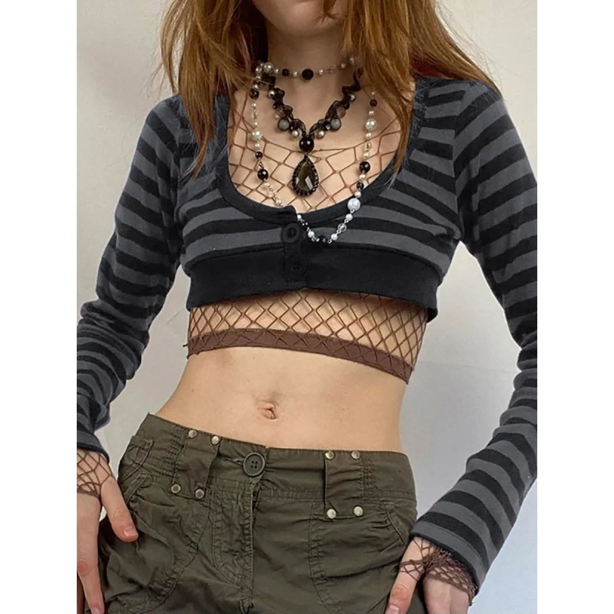 90s Grunge Style Striped Cropped Top - T-Shirts - 1