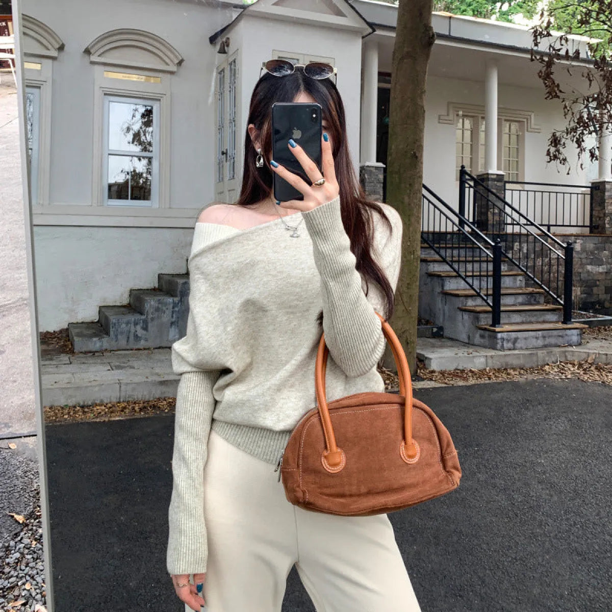 Contrast Shoulder Cut-Out Slant Neck Knit Top - Tops - Sweater / Pullover - 1