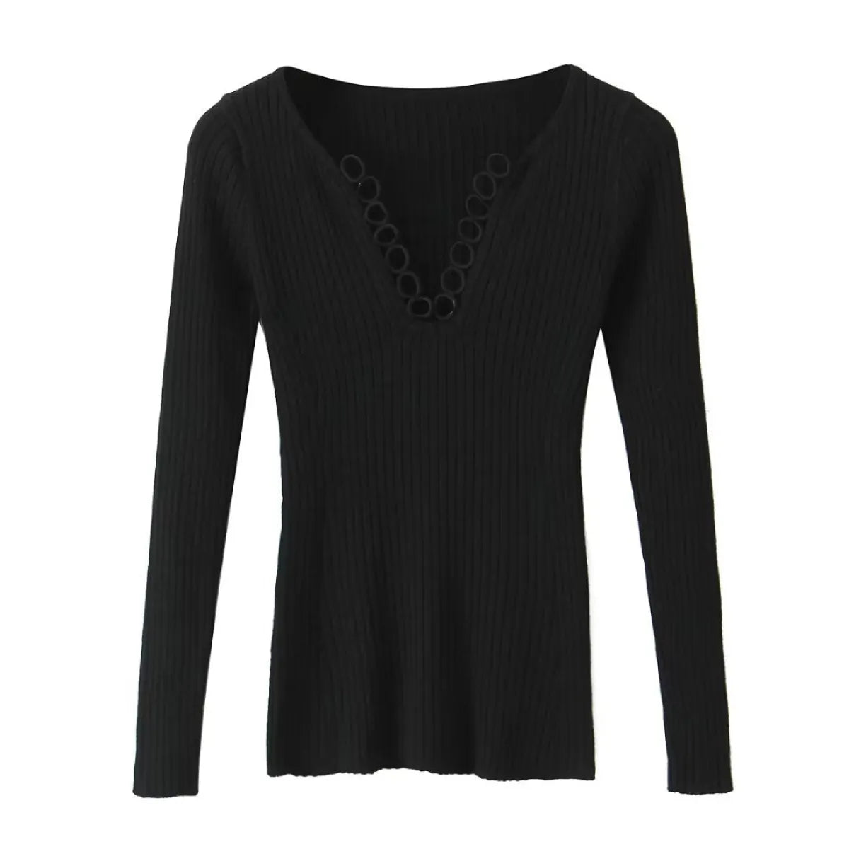 Black V-Neck Hollow Cut Slim Fit Top - Blouses & Shirts - Blouse - 1