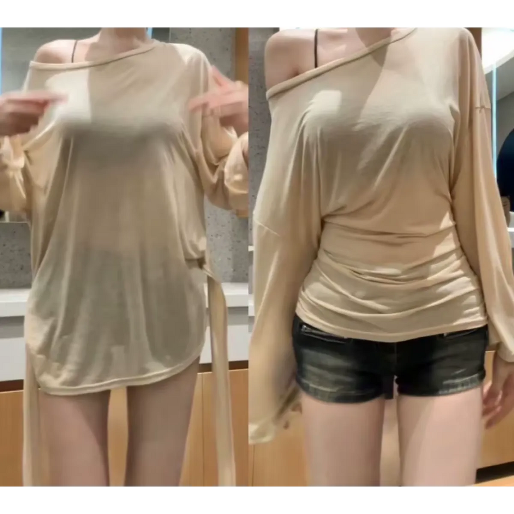 Sheer Off-Shoulder Oversized Long Sleeve T-Shirt - T-Shirts - T-Shirt - 9