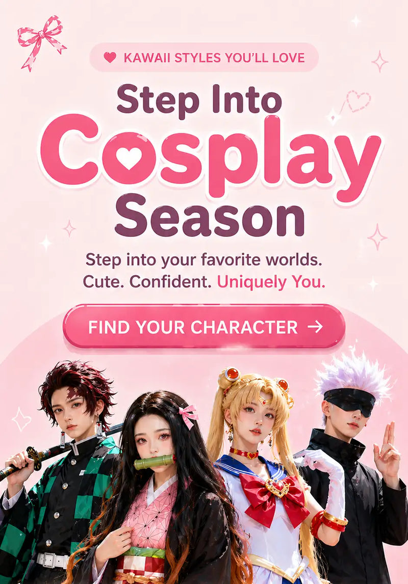 Cosplay advertisement with four people in costumes on a pink background