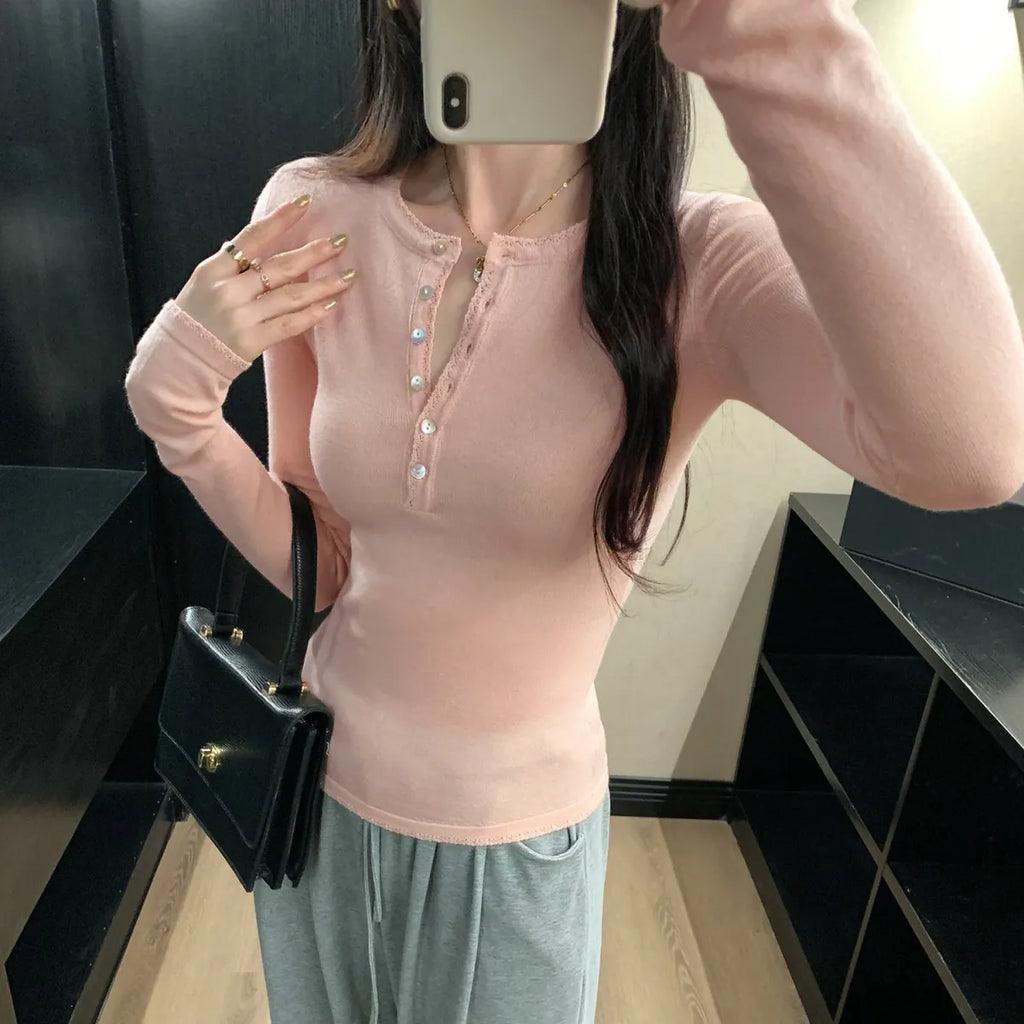 Fitted Henley Knit Top - Blouses & Shirts - Blouse - 5