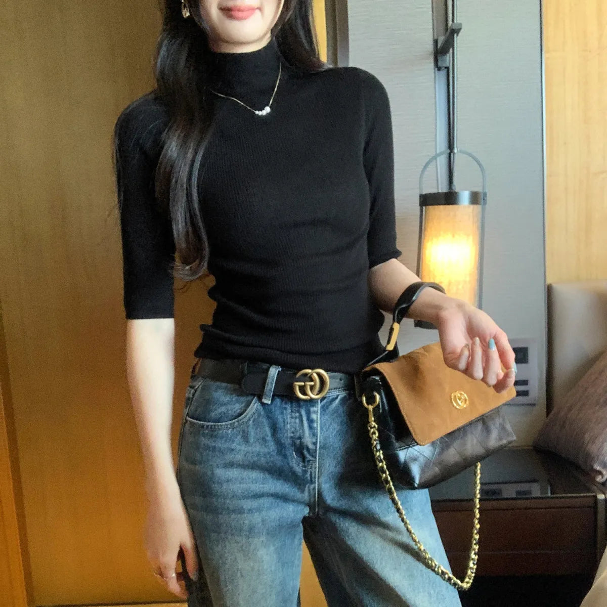 Semi-High Neck Slim Fit Knitted Bodysuit - Women’s Clothing & Accessories - Blouse - 1