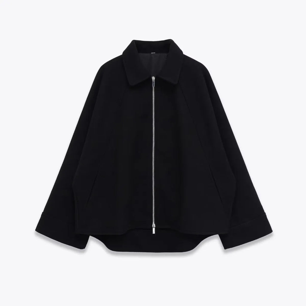 Black Zip-Up Flip Collar Jacket - Jackets & Coats - Jacket - 2