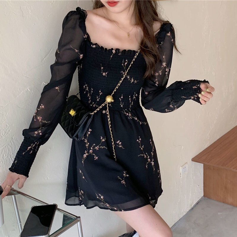 Vintage Flower Puff Sleeve Dress - Kawaii Stop - All Dresses, Autumn, Black, Casual, Chiffon, Clothes, Dress, Dresses, Flower, Korean, Long puff sleeve, Mini, Mujer, Sexy, Vestidos, Vintage, Women's, Women's Clothing &amp; Accessories
