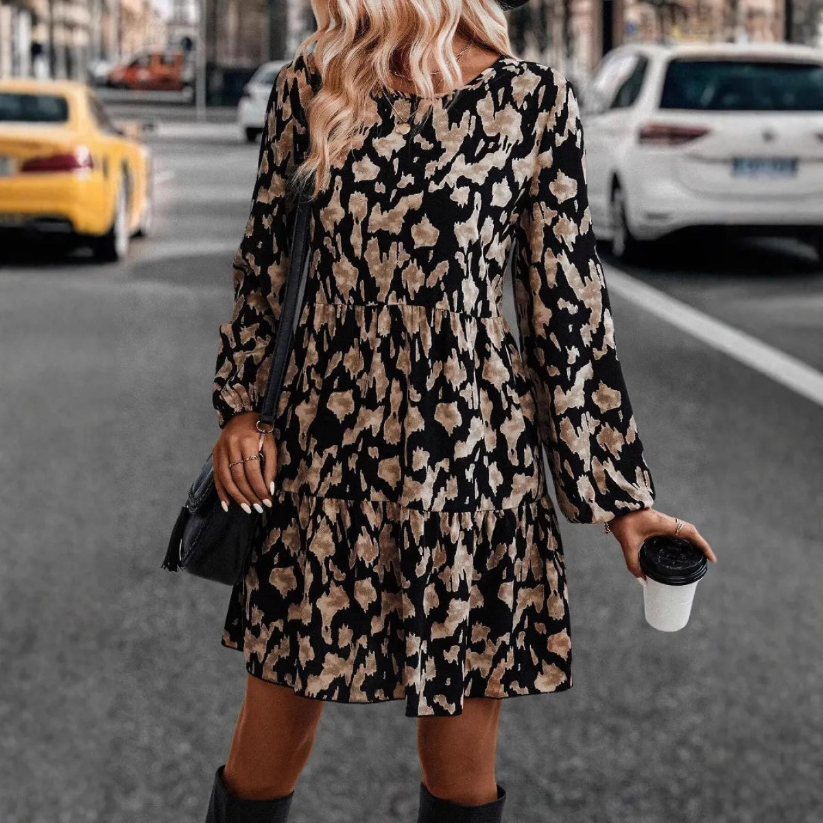 Elegant Commute Animal Print Long Sleeve Mini Dress - All Dresses - Mini Dress - 1