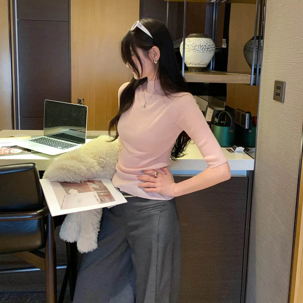 Semi-High Neck Slim Fit Knitted Bodysuit - Women’s Clothing & Accessories - Blouse - 2