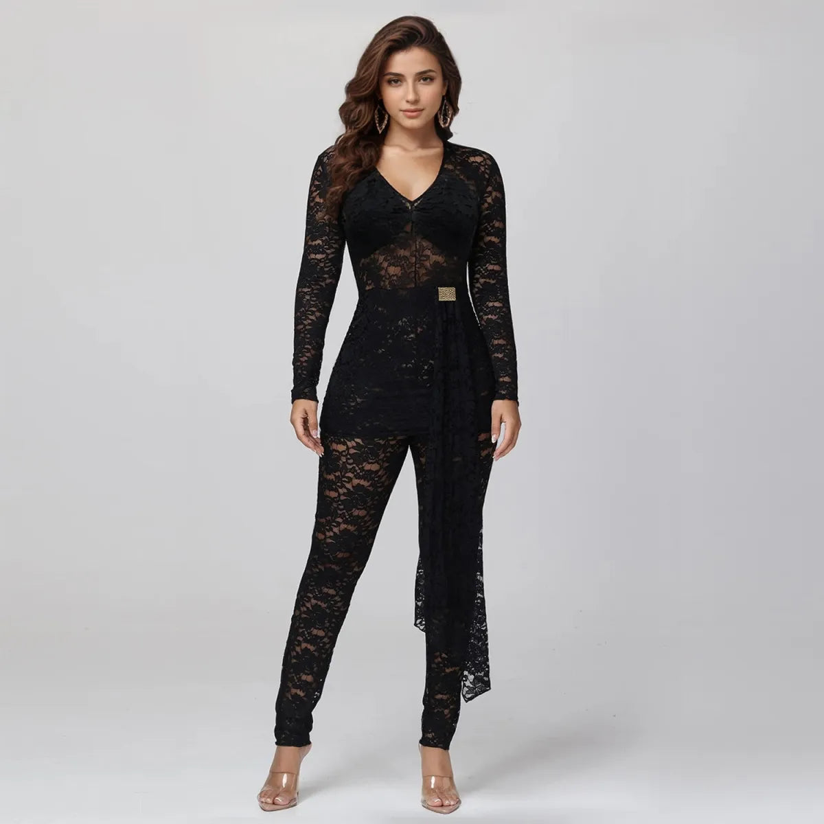 Sheer Lace Long Sleeve Lingerie Jumpsuit - Women’s Clothing & Accessories - Sexy Lingerie - 1