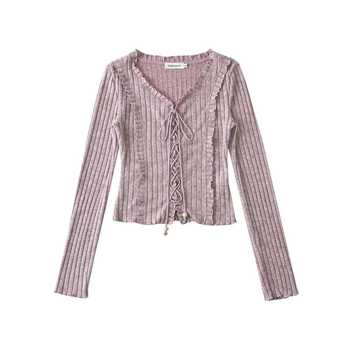 Tie-Up V-Neck Long Sleeve Blouse - Women’s Clothing & Accessories - Blouse - 1