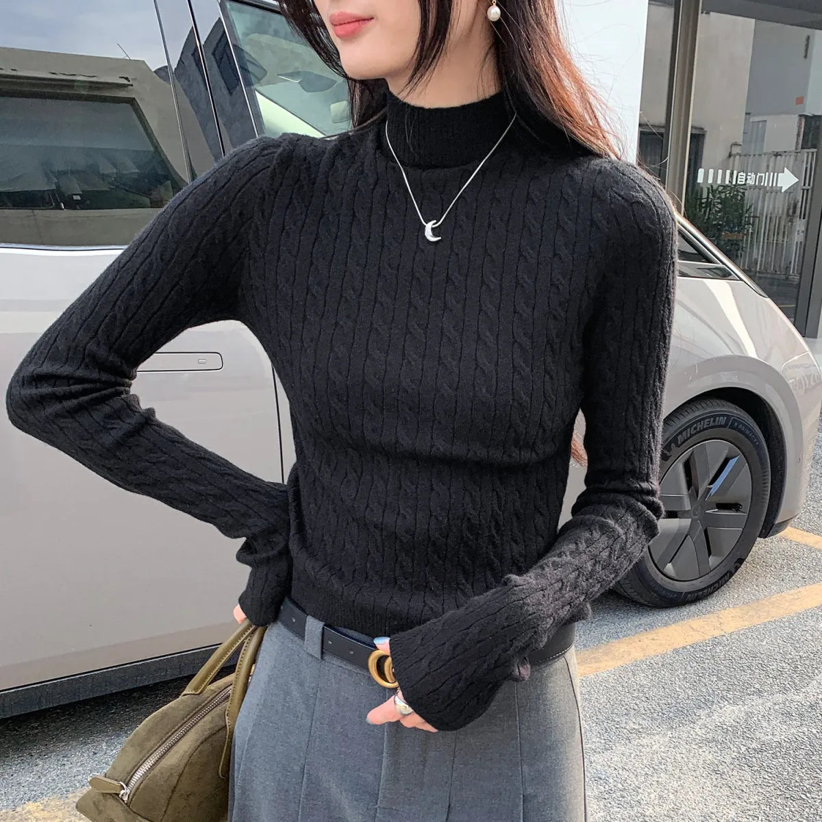 Cable Knit Half High Neck Slim Fit Sweater - Sweaters - Sweater / Pullover - 5