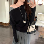 Contrast Shoulder Cut-Out Slant Neck Knit Top - Sweaters - Sweater / Pullover - 3