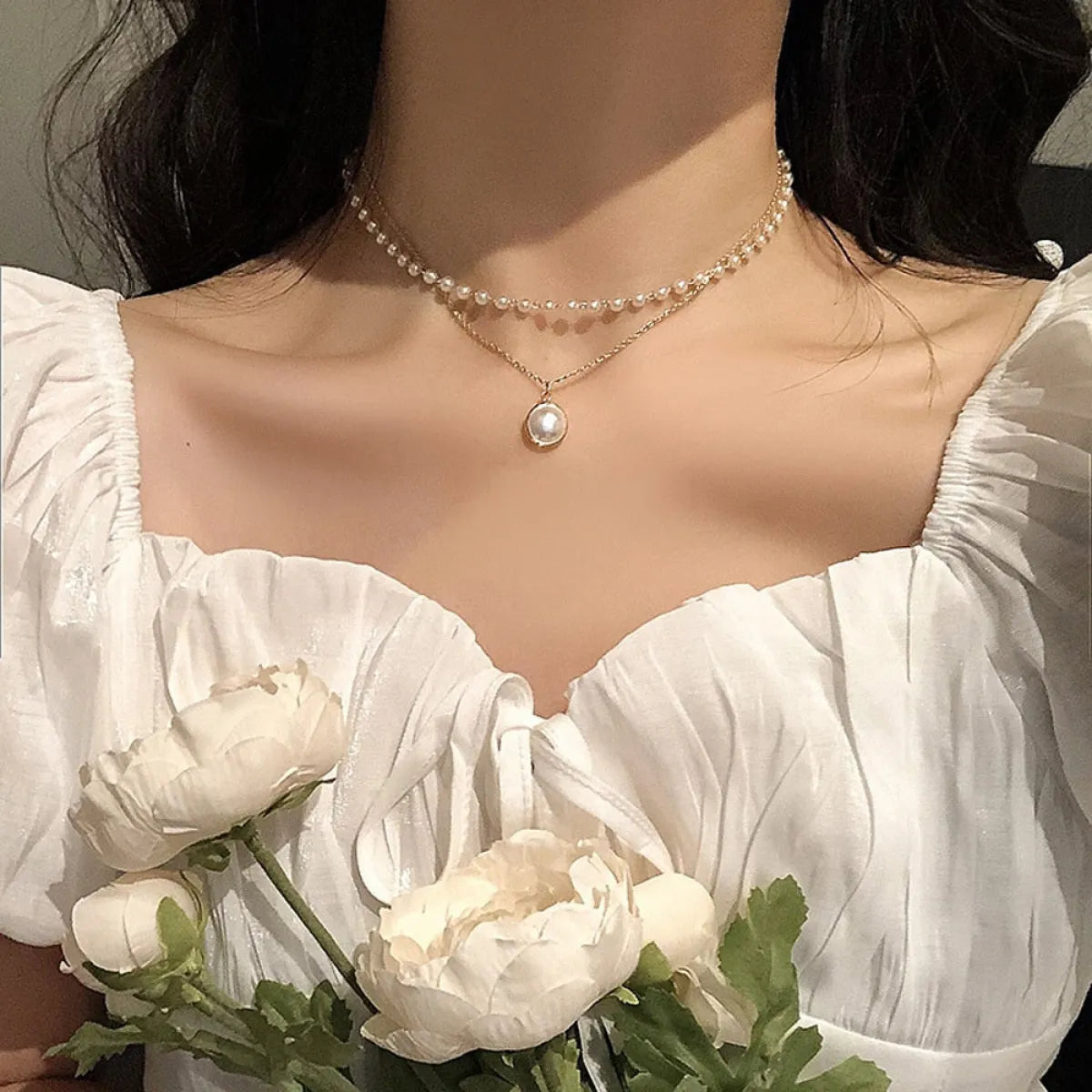 Kpop Pearl Double Layer Choker Necklace - Necklaces - Choker - 1