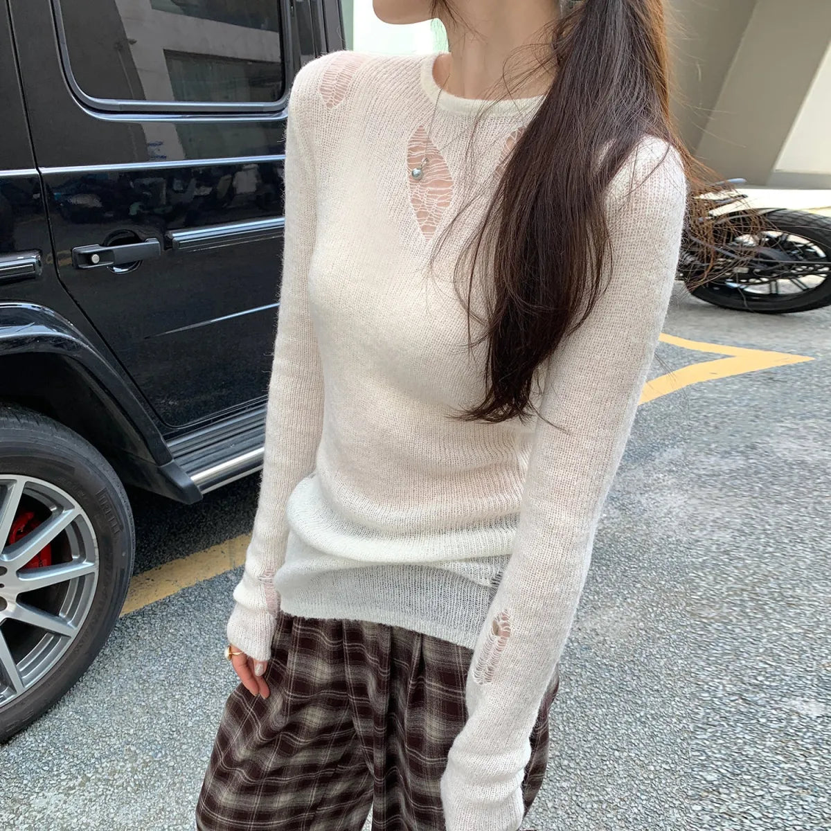 Irregular Cut-Out Distressed Slim Knit Top - Tops - Sweater / Pullover - 1