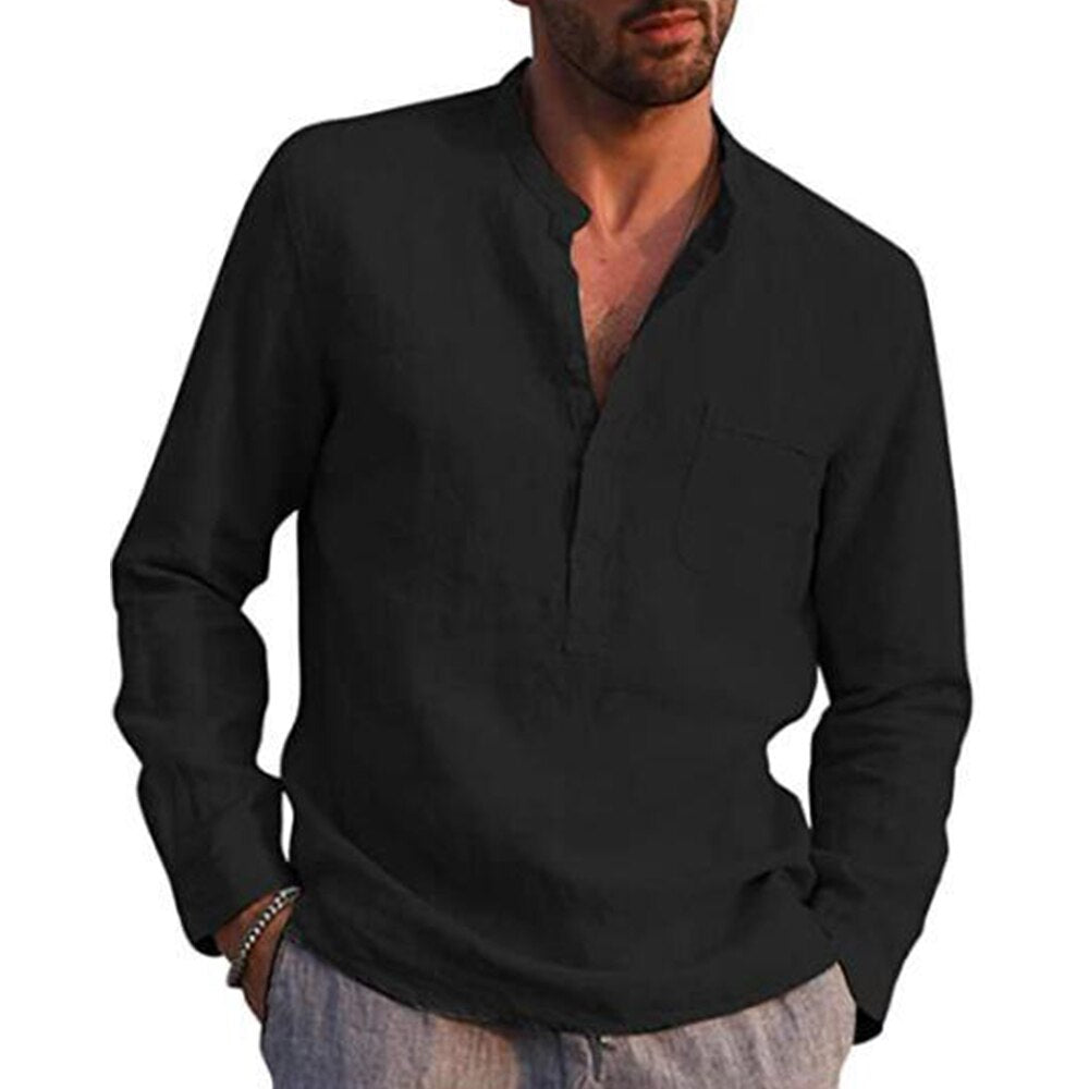 Casual Beach Style Linen Shirt - Kawaii Stop - Beach Style, Casual, Cotton, Hot Sale, Linen, Long-Sleeved, Men's, Men's Clothing &amp; Accessories, Men's T-Shirts, Men's Tops &amp; Tees, Plus Size, Shirts, Solid Color, Stand-up Collar, Summer