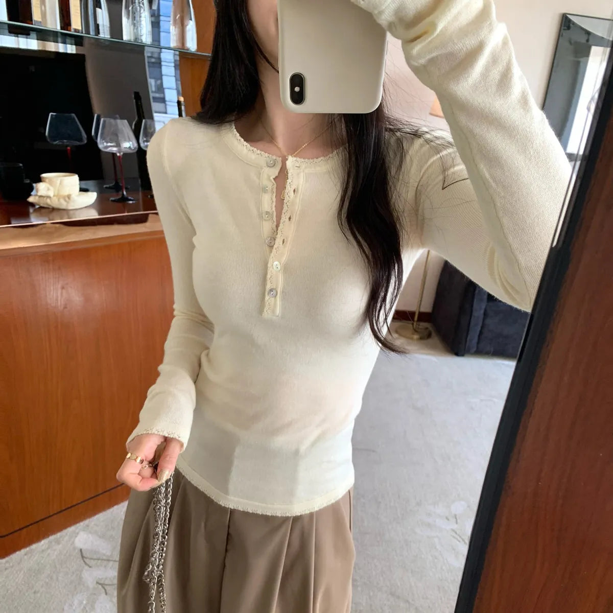 Fitted Henley Knit Top - Blouses & Shirts - Blouse - 4