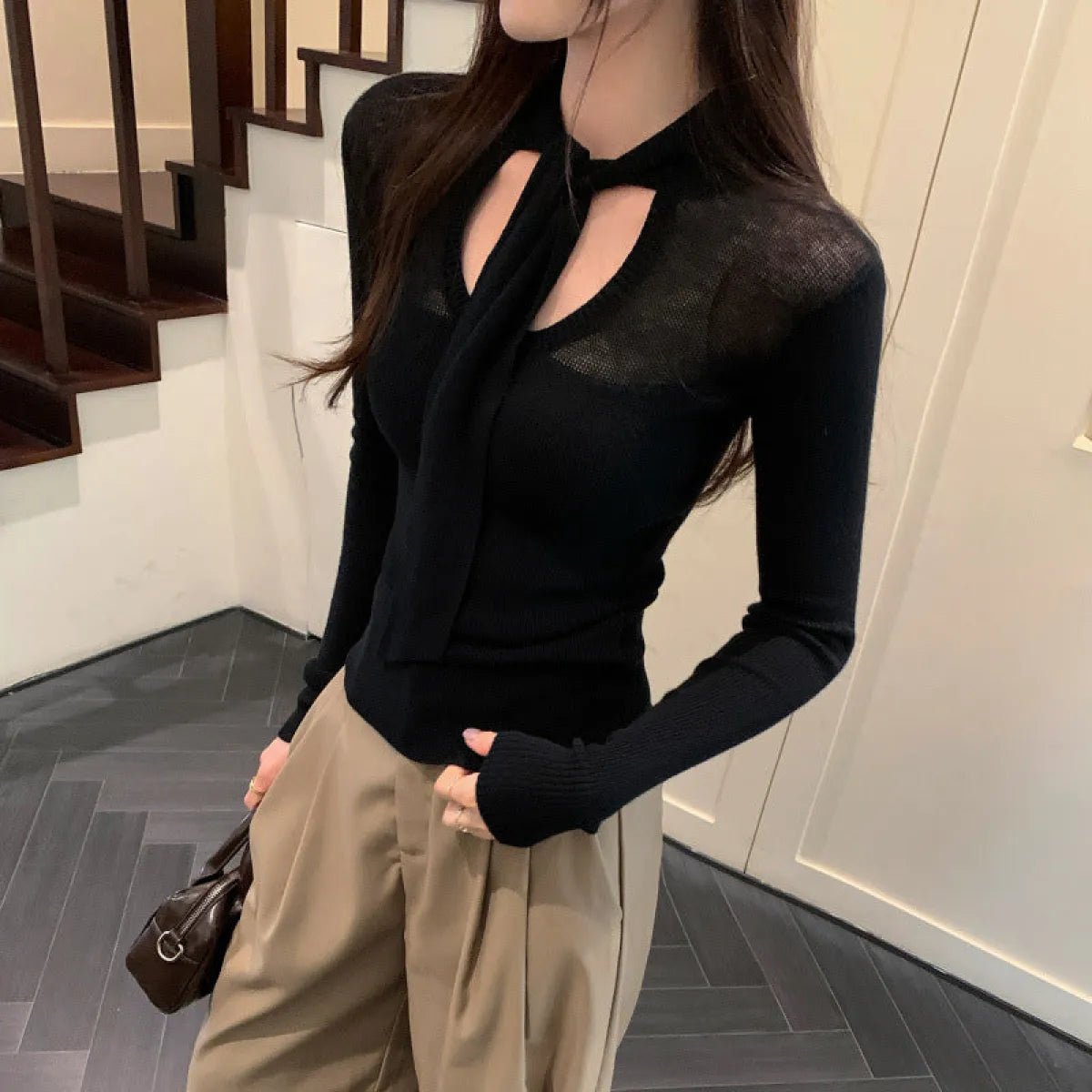 V-Neck Slim Fit Knit Top - Tops - Sweater / Pullover - 6