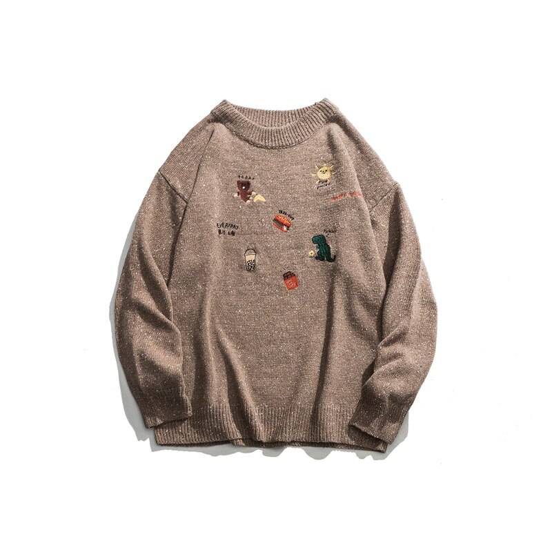 Dinosaur Pattern Knitted Sweater - Kawaii Stop - Adorable, Autumn, Beige, Brown, Cute, Embroidery, Fashion, Harajuku, Hip Hop, Hoodies &amp; Sweatshirts, Japanese, Kawaii, Khaki, Knitted, Korean, O-Neck, Polyester, Pullovers, Spandex, Spring, Streetwear, Sweater, Tops &amp; Tees, Winter, Women's Clothing &amp; Accessories