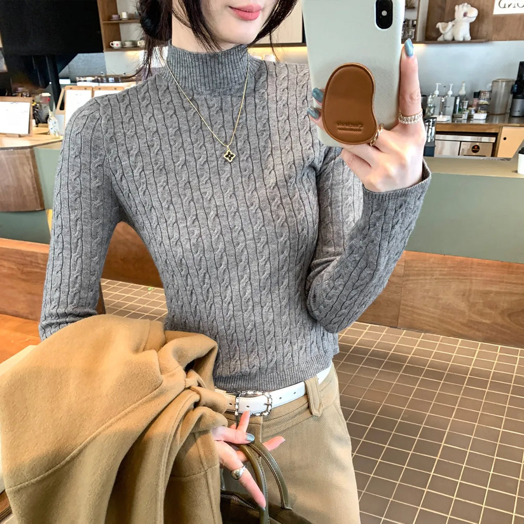 Cable Knit Half High Neck Slim Fit Sweater - Sweaters - Sweater / Pullover - 4