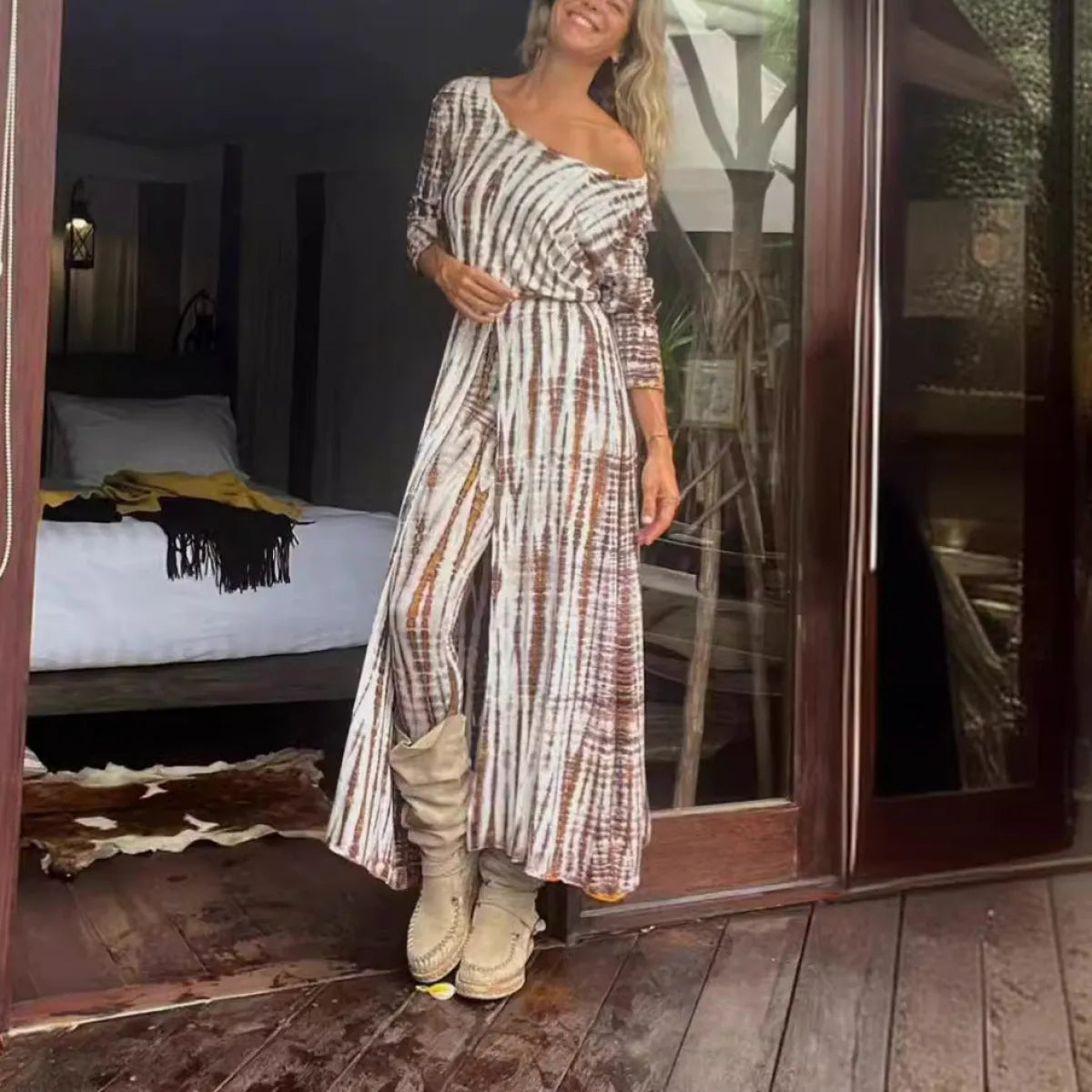 Elegant Brown Printed Long Sleeve Maxi Dress - All Dresses - Maxi Dress - 1