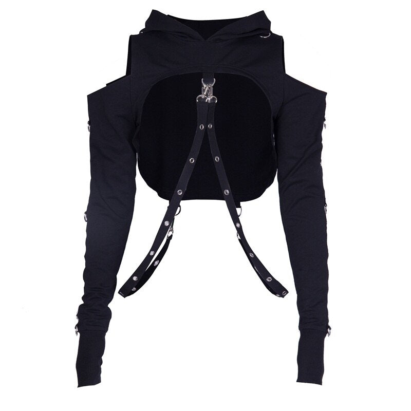 Goth Cropped Hoodie - Kawaii Stop - Adorable, Aesthetic, Alt, Black, Camis &amp; Tops, Clothes, Cute, Emo, Fashion, Goth, Gothic, Harajuku, Hollow Out, Hooded, Japanese, Kawaii, Korean, Long Sleeve, Magic, Off Shoulder, Pastel, Shirt, Solid, Street Fashion, Streetwear, Summer, T-Shirts, Tee, Tops, Tops &amp; Tees, Women, Women's Clothing &amp; Accessories, Woven