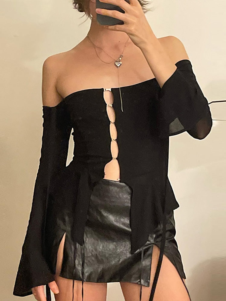 Off Shoulder Long Sleeve T-shirts - Kawaii Stop - Blouses, Blouses &amp; Shirts, Bondage, Crop, Cyber, Dark, Goth, Gothic, Hem, Hollow Out, Long Sleeve, Off Shoulder, Punk, Ruffles, Sexy, T-Shirts, Techwear, Tops, Tops &amp; Tees, Tops6971, Women, Women's Clothing &amp; Accessories, Y2k