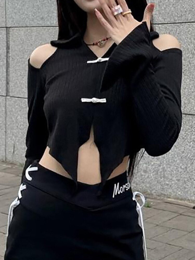 Open Shoulder Chinese Style Blouses - Kawaii Stop - Blouses, Blouses &amp; Shirts, Chinese, Crop Tops, Dark, Fashion, Goth, Gothic, Grunge, Long Sleeve, Open Shoulder, Style, T-Shirts, Techwear, Tops &amp; Tees, Tops6971, Turn-Down Collar, Women, Women's Clothing &amp; Accessories, Y2k