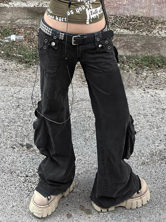 Grunge Streetwear Cargo Pants - Kawaii Stop - Bottoms, Bottoms6972, Cargo, Dark, Denim, Fashion, Goth, Gothic, Grunge, Jeans, Low-Waist, Mall, Pants, Patchwork, Streetwear, Techwear, Trousers, Vintage, Women, Women's Clothing &amp; Accessories, Y2k