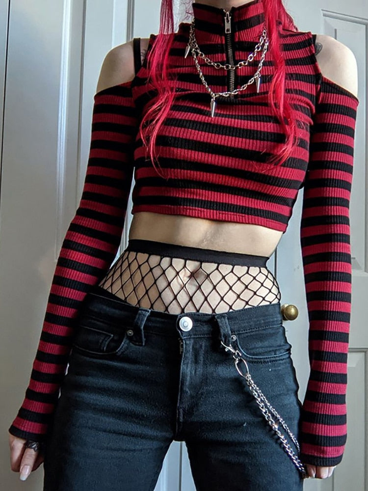Dark Grunge Striped Crop Top - Kawaii Stop - Aesthetic, Basic, Bodycon, Camis &amp; Tops, Casual, Crop, Dark, E Girl, Goth, Gothic, Grunge, Long Sleeve, Mall, Open Shoulder, Punk, Striped, T-Shirts, Tee, Tops, Tops &amp; Tees, Women's Clothing &amp; Accessories