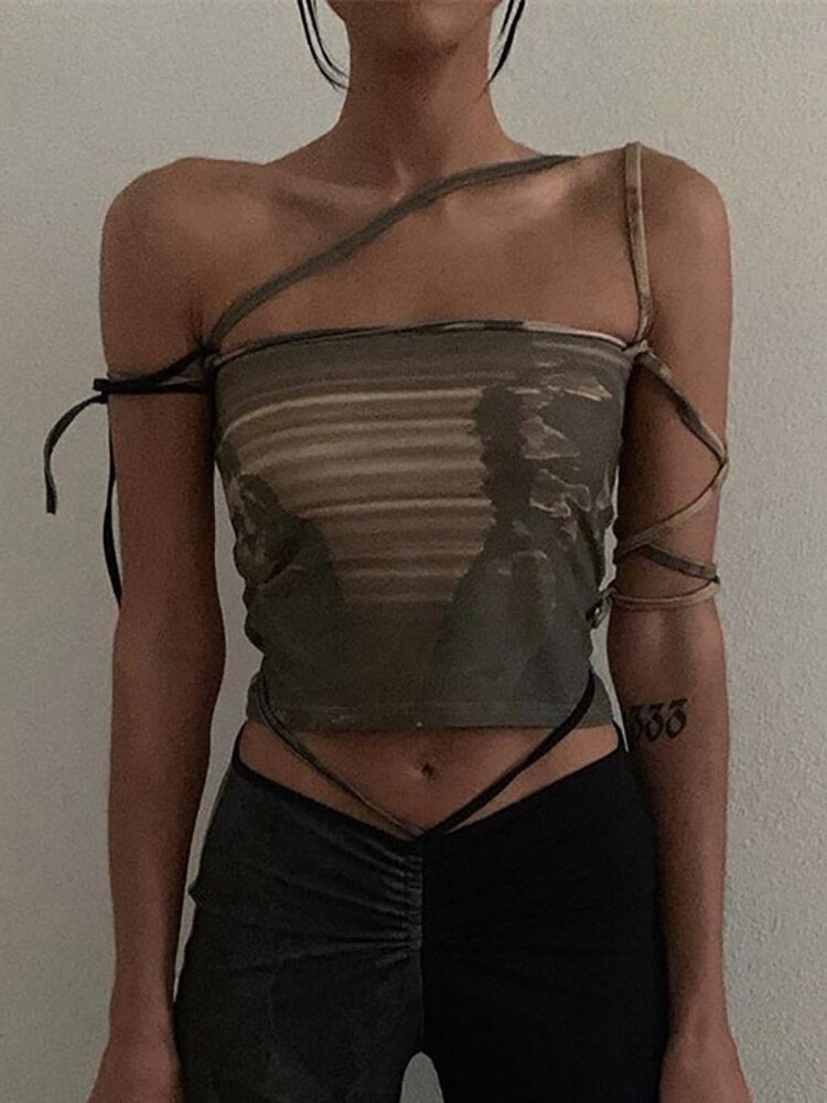 Grunge Lace Up Crop Top - Kawaii Stop - 90s, Bodycon, Camis, Camis &amp; Tops, Crop Tops, Dark, Goth, Gothic, Grunge, Hip Hop, Lace Up, Off Shoulder, Print, Punk, Sleeveless, Streetwear, Tops &amp; Tees, Vintage, Women, Women's Clothing &amp; Accessories