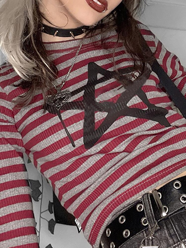 Goth Striped Streetwear T-shirt - Kawaii Stop - Aesthetic, Clothes, Crop, Dark, Goth, Gothic, Grunge, Long Sleeve, Mall, Pattern, Punk, Ribbed, Star, Streetwear, Striped, T-Shirts, Tops, Tops &amp; Tees, Women, Women's Clothing &amp; Accessories