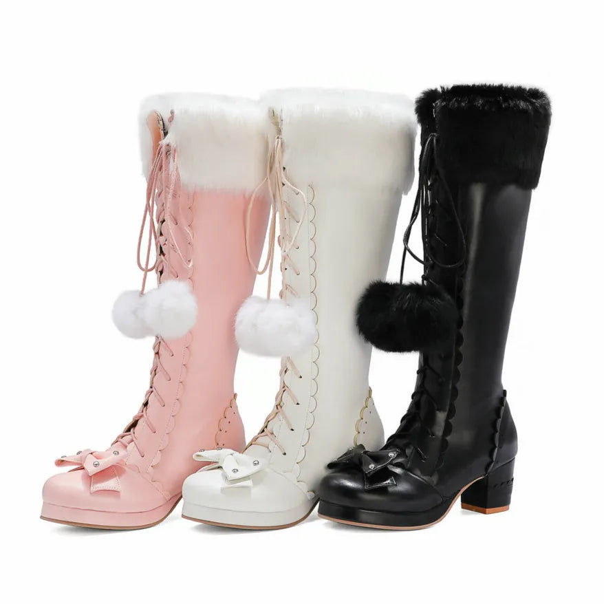 Bow Knee High Boots With Fur