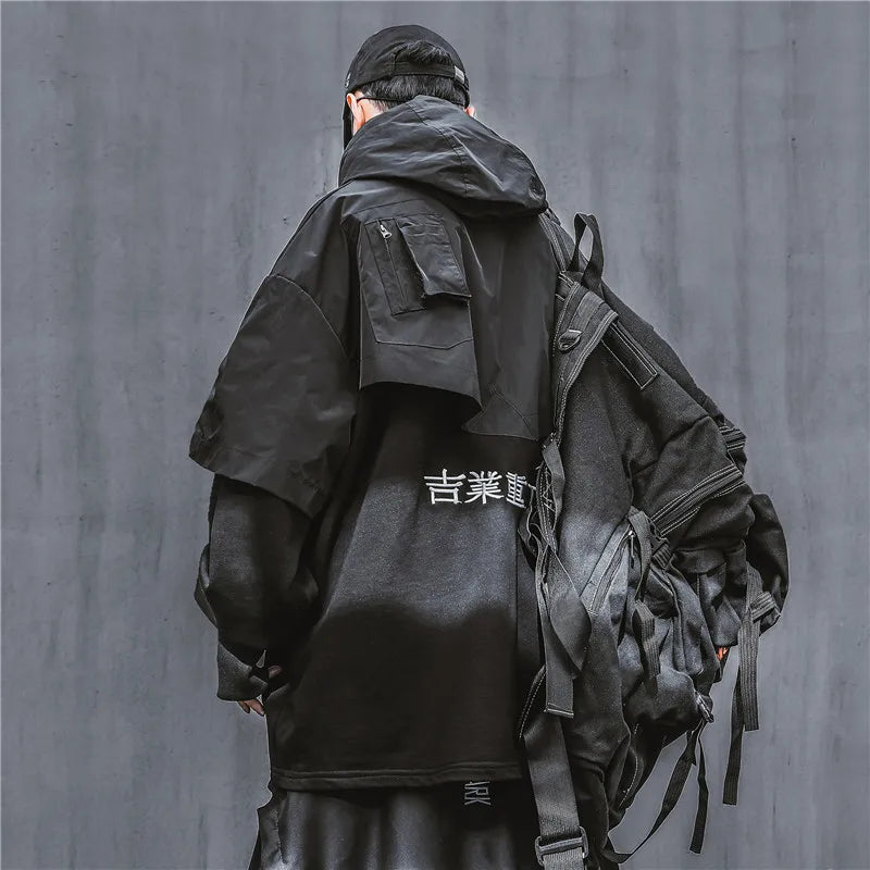 Embroidered Layered-Look Techwear Hoodie - Kawaii Stop - Autumn, Casual Style, Fashion Statement, Hooded, Layered-Look Hoodie, Loose Fit, Men's and Women's Clothing, Men's Fashion, Men's Hoodies, Men's Techwear, Patchwork Pattern, Seasonal Wear, Spring, Techwear, Unique Design