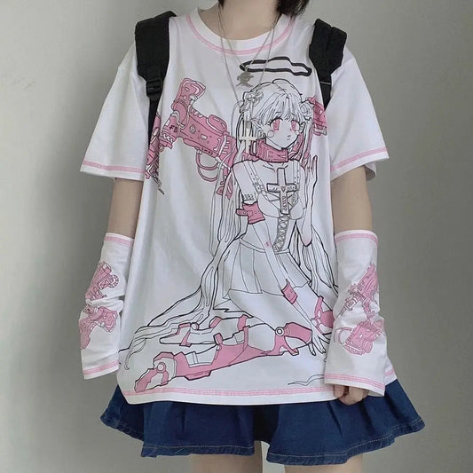 Cyber Maiden Tee – Futuristic Anime Warrior Oversized T-Shirt