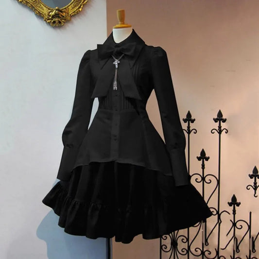 Elegant Gothic Lolita Dress - Big Bow Collar, Lace-Up Pleated Design