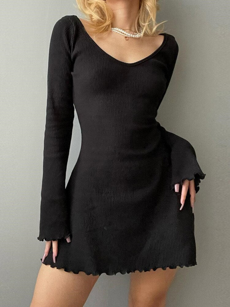 Solid Casual Knitted Dresses - Kawaii Stop - A-line Dresses, All Dresses, Beige, Black, Casual, Dresses, Elegant, Fashion, Frill, Knitted Dress, Korean Style, Long Sleeve, Party Outfit, Solid Basic, Women's Clothing &amp; Accessories