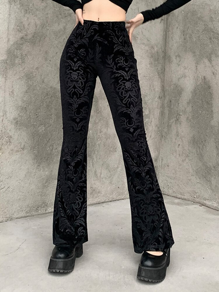 Gothic Chic Flared Pants - Kawaii Stop - Aesthetic, Black, Bottoms, Flared, Goth, Gothic, Harajuku, High Waist, Pants, Pants &amp; Capris, Print, Punk, Retro, Trousers, Women, Women's Clothing &amp; Accessories