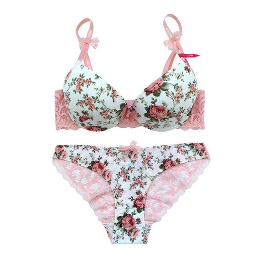 Luxurious Flowery Bra Set - Kawaii Stop - Acrylic, Adjusted-Straps, Autumn, Back Closure, Bow, Bra, Briefs, Convertible Straps, Cotton, Elastic, Floral, Intimates, Lingerie, Low-Waist, Luxurious, Non-Convertible Straps, Panties, Polyester, Push Up, Sets, Sexy, Silk, Spandex, Tow Hook-and-Eye, Underwear, Underwire, Unlined, Women's Clothing &amp; Accessories