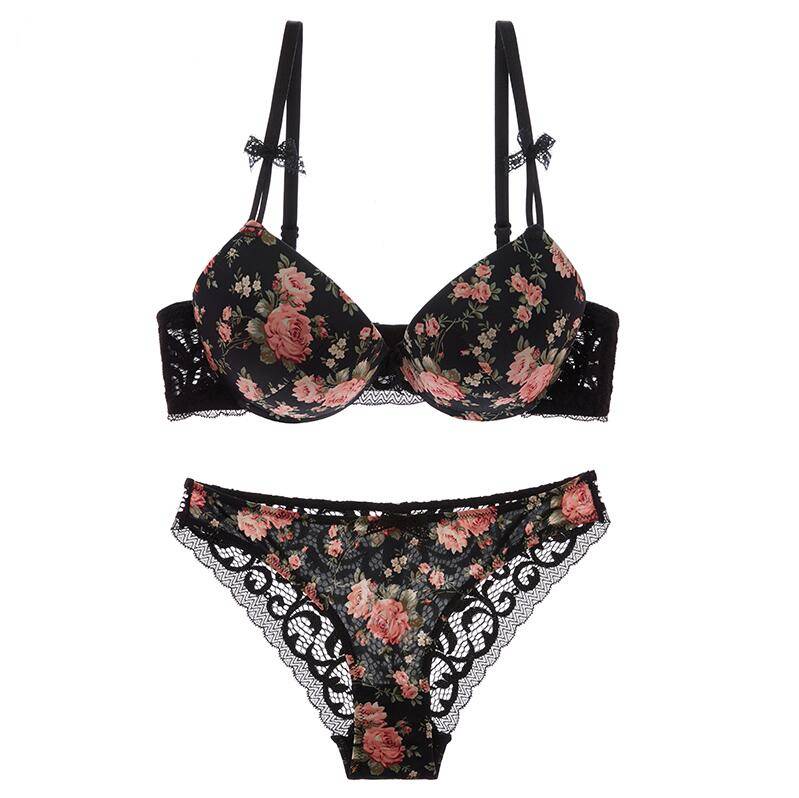 Luxurious Flowery Bra Set - Kawaii Stop - Acrylic, Adjusted-Straps, Autumn, Back Closure, Bow, Bra, Briefs, Convertible Straps, Cotton, Elastic, Floral, Intimates, Lingerie, Low-Waist, Luxurious, Non-Convertible Straps, Panties, Polyester, Push Up, Sets, Sexy, Silk, Spandex, Tow Hook-and-Eye, Underwear, Underwire, Unlined, Women's Clothing &amp; Accessories