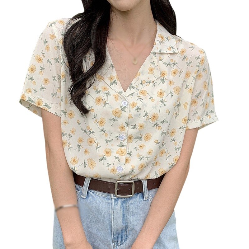 Floral Printed Sweet Casual Tops - Kawaii Stop - Blouse, Blouses &amp; Shirts, Casual, Chiffon, Female, Floral, For, Ladies, Notched, Printed, Shirt, Short Sleeve, Summer, Sweet, Tops, Tops &amp; Tees, Women, Women's Clothing &amp; Accessories