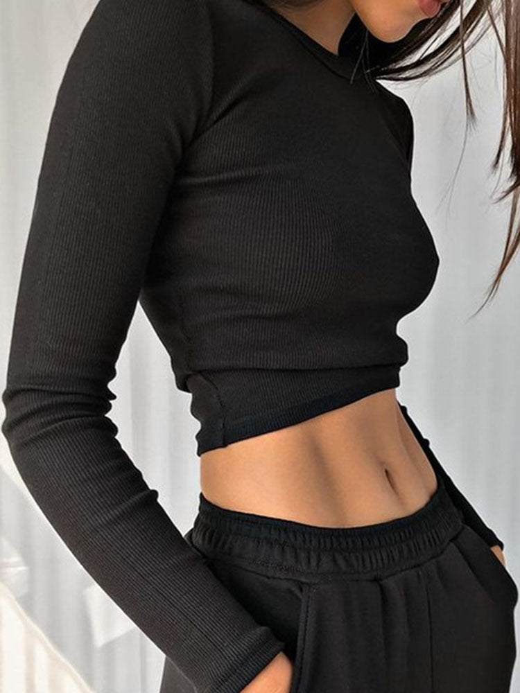 Sexy Ribbed Cropped T-Shirt - Kawaii Stop - Basic, Black, Casual, Crop Tops, Cropped Tops, Long Sleeve, O-Neck, Ribbed, Sexy, Shirt, Skinny, Slim, Spring, T-Shirts, Tops &amp; Tees, Woman, Women, Women's Clothing &amp; Accessories