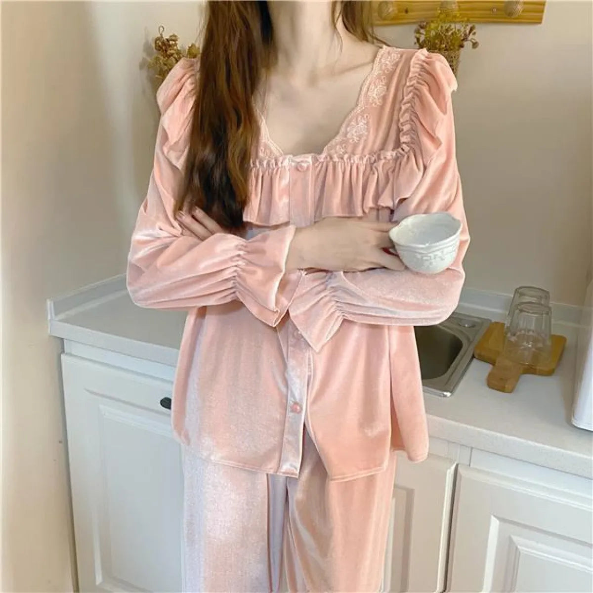 Gold Velvet Palace Style Long Sleeve Nightgown - Best Sellers - Maxi Dress - 2